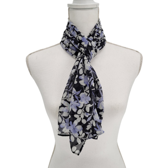 Sheer Chiffon Rectangle Scarf Navy Blue Floral - Picture 2 of 6